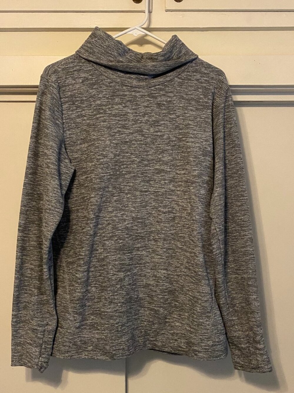 Tek Gear, heather gray, long sleeve, cowl/turtleneck activewear top, size L